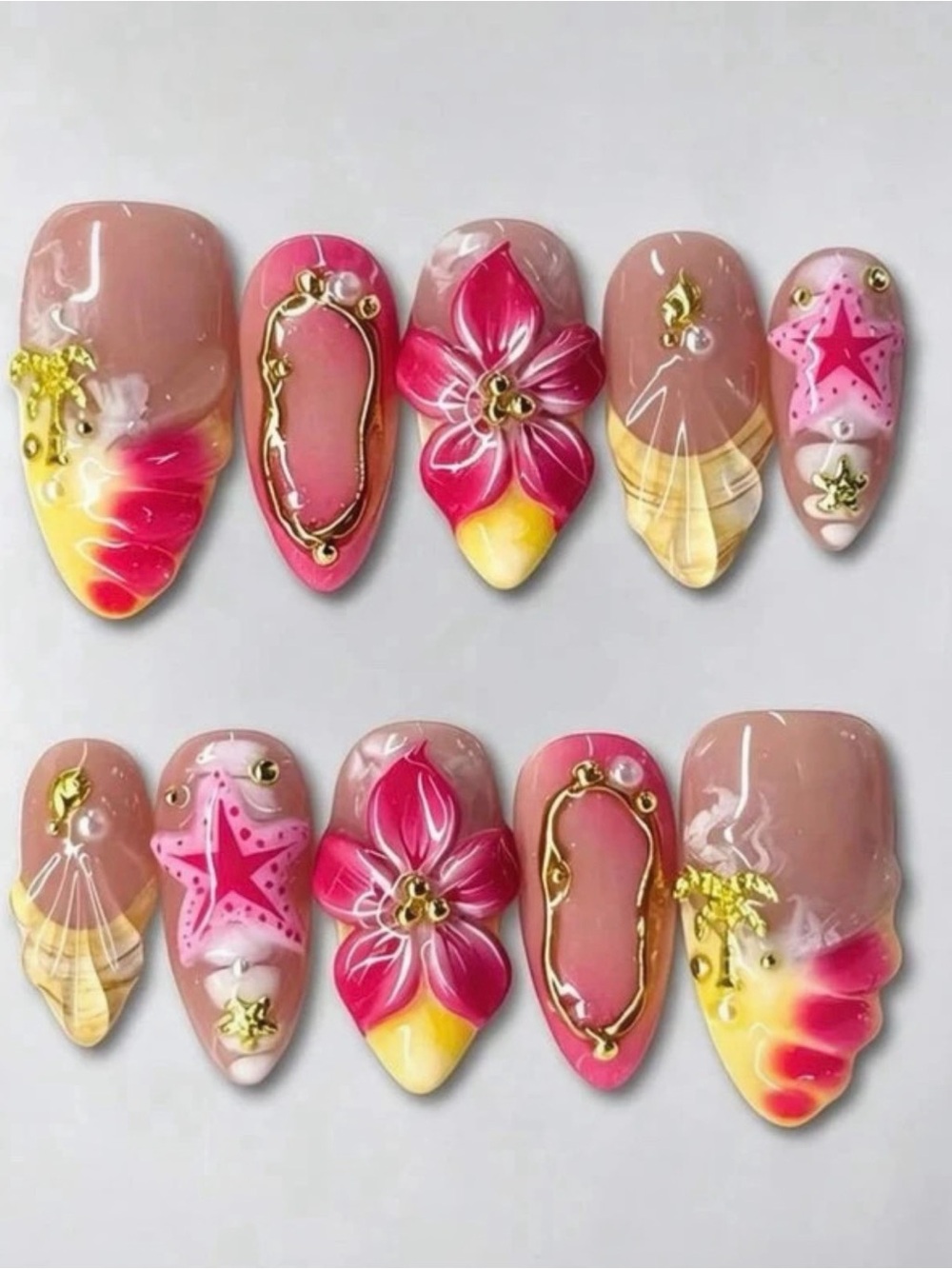 & Other Stories Pink, Yellow & Nude Floral Statement Nail Set